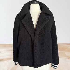 BB Dakota Black Faux Sherpa Jacket Sz XS Collegiate Striped Cuffs Varsity